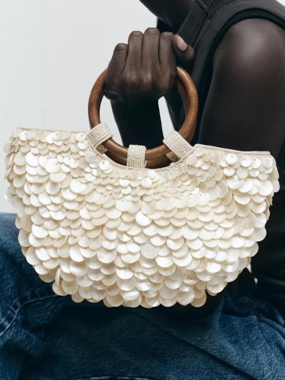 Zara Cream Sequin-Style Hobo with Wooden Ring Handles